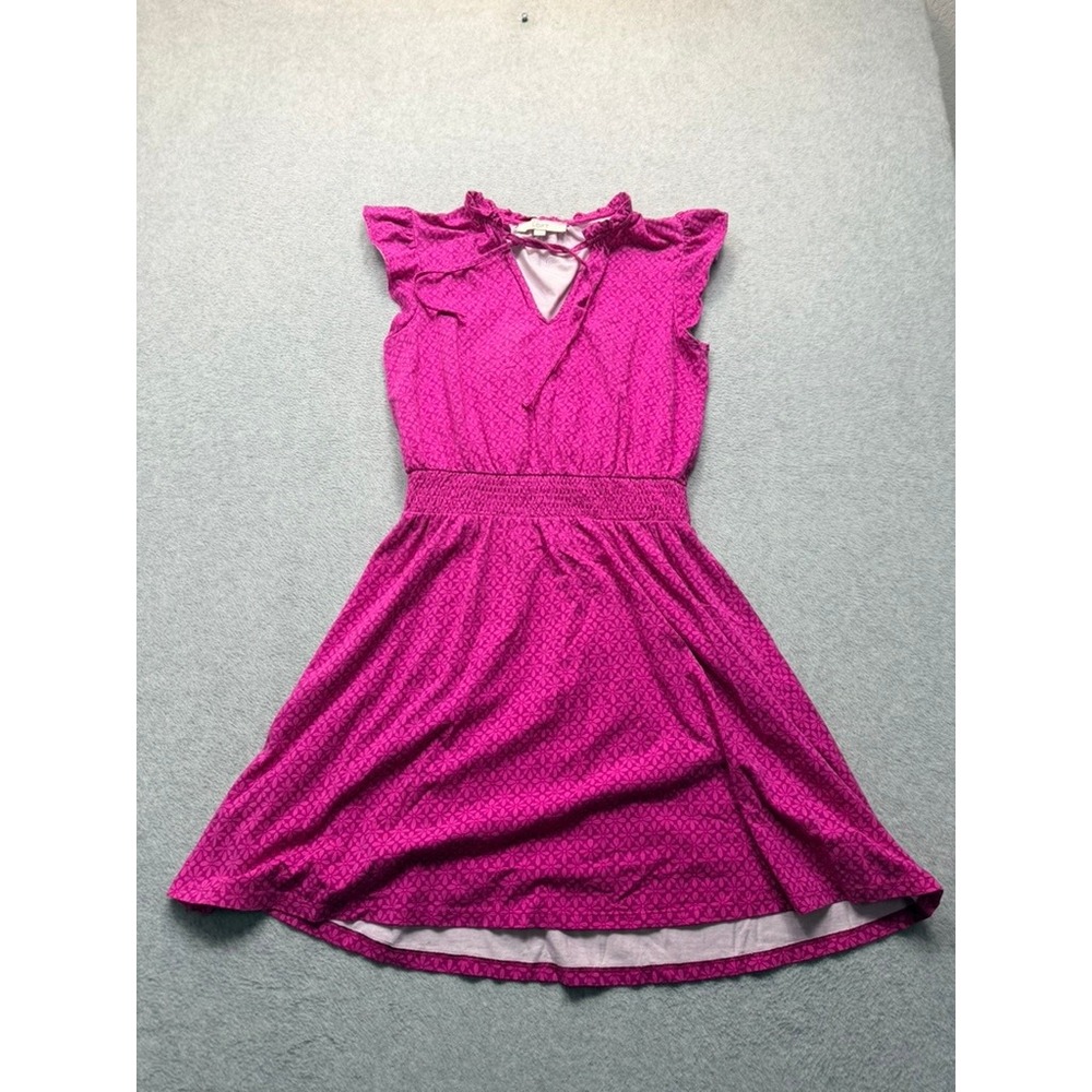 LOFT Pink Floral Ruffle V-Neck Smocked Waist Flutter Sleeve Dress Small